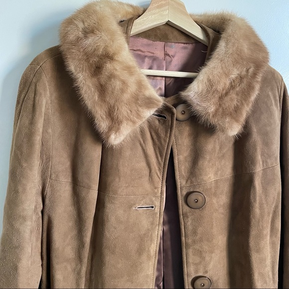 VINTAGE 1960 Suede Coat Mink Collar - Satin Lined size 7 - Picture 2 of 14